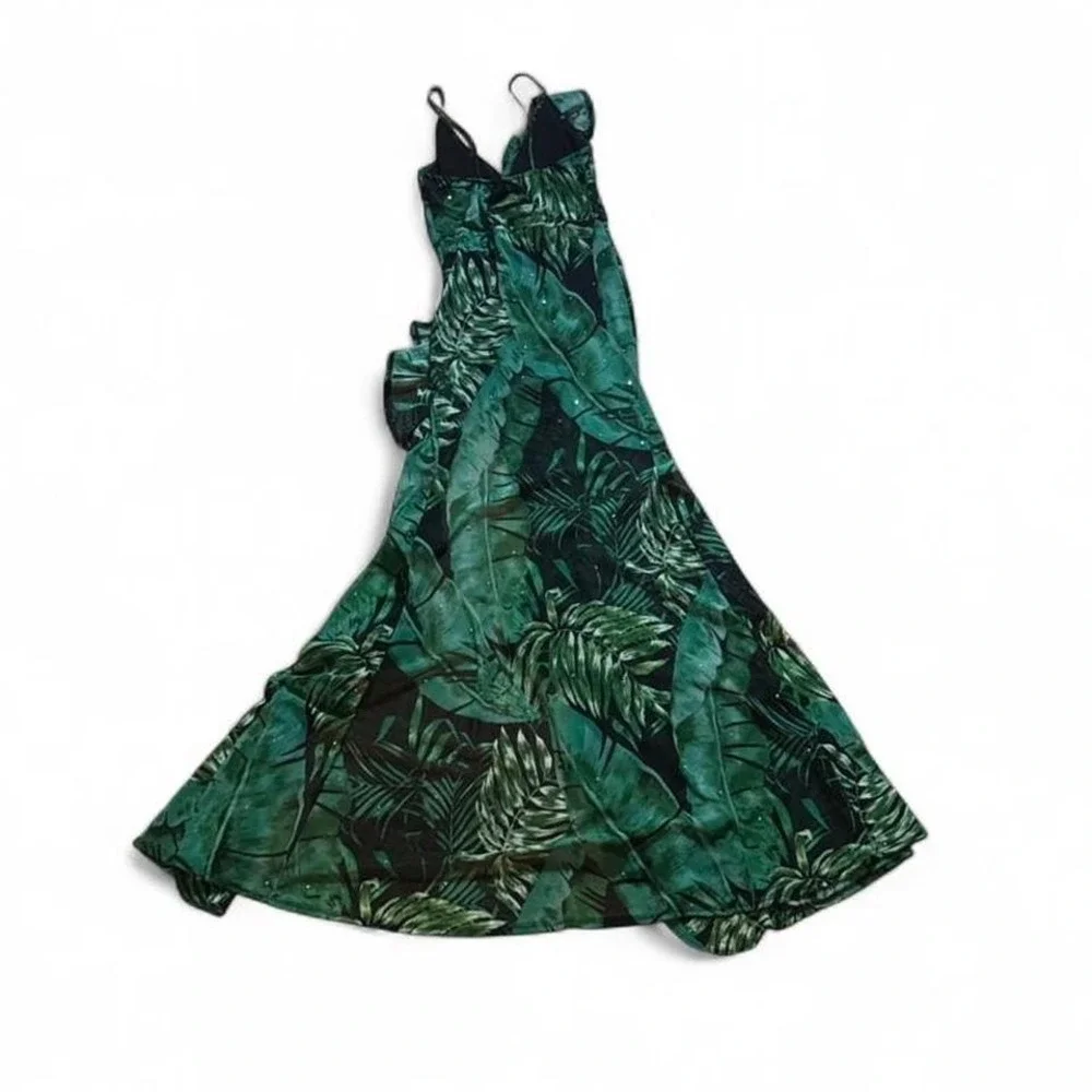 Tropical Print Mesh Maxi Dress Women's Size Small Green Black Bedazzled Bodysuit - Picture 4 of 8